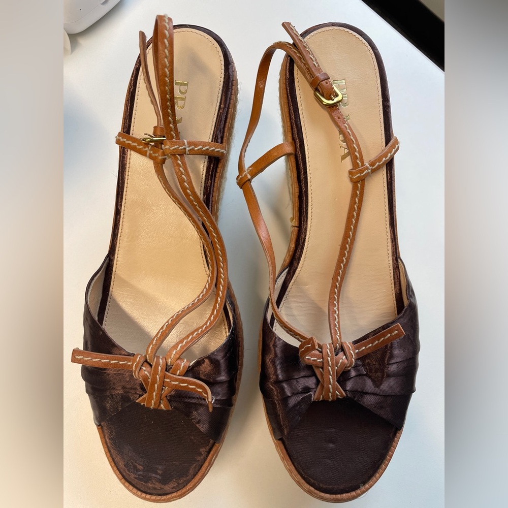 prada brown satin & leather espadrilles size 39